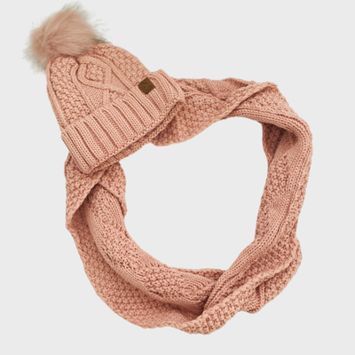 Knit Hat & Infinity Scarf Combo - Pink