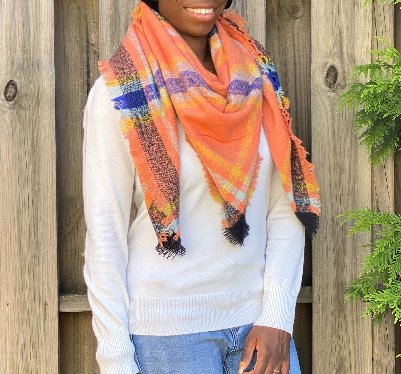 Future Plaid Scarf - Orange/Black/Blue