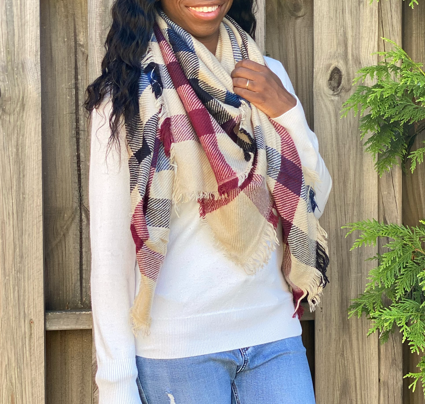 Classic Plaid Scarf - Tan/Burgundy/Blue