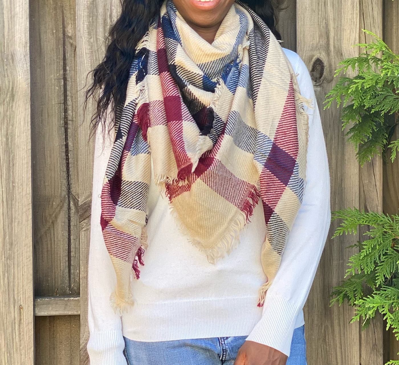 Classic Plaid Scarf - Tan/Burgundy/Blue