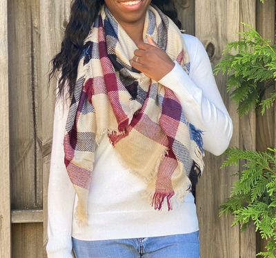 Classic Plaid Scarf - Tan/Burgundy/Blue