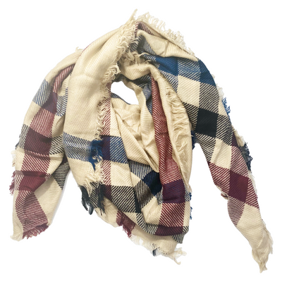 Classic Plaid Scarf - Tan/Burgundy/Blue